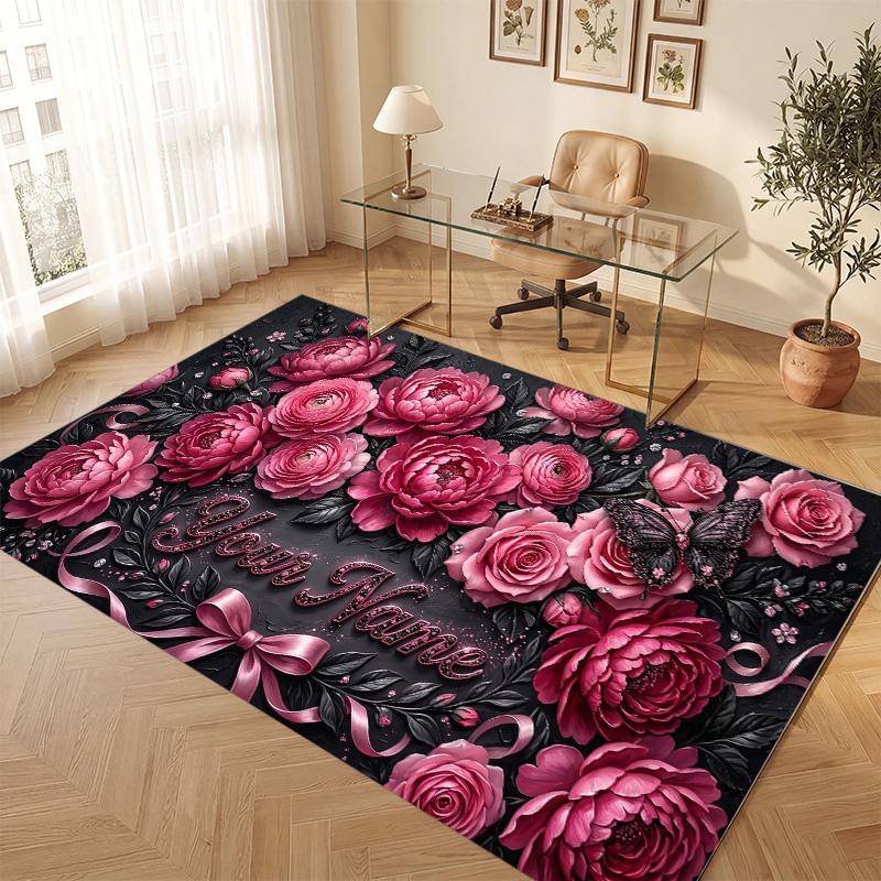 Floral Garden Theme Soft Crystal Velvet Rug Custom Name & Text Print Non Slip Floor Rug for Bedroom Living Room