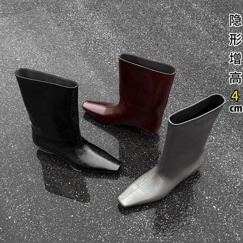 Cowhide version~ autumn and winter new simple square head versatile temperament low heel knight boots women's sleeve medium boots women's