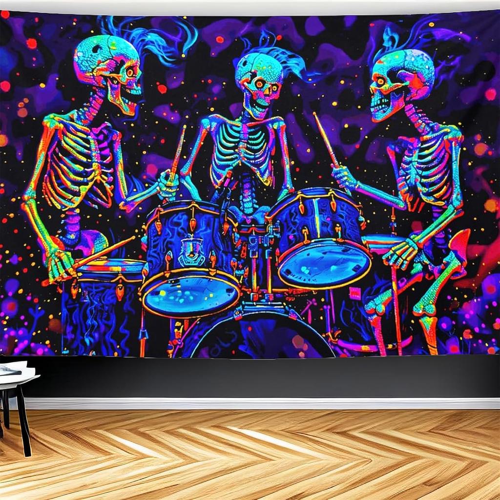 CJSLIFEART Blacklight Skull Tapestry Percussion Small Concert Fluorescent Starry Sky Bedroom Tapestry Background Wall Decoration