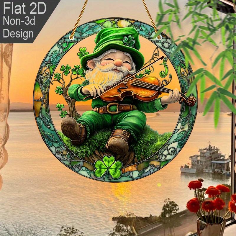 2D Flat St Patrick'S Day Gnome Fiddle Acrylic Decoration Sign, Shamrock Gnomes Design, Suitable for decoration, Wall, porch, Room, Villa, accents Home