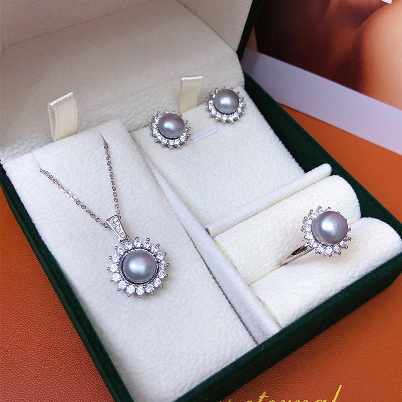 Sweet Sunflower Pearl Jewelry Set: Pearl Necklace, Earrings & Ring with Micro-Inlaid Zircon No Chain, No Box