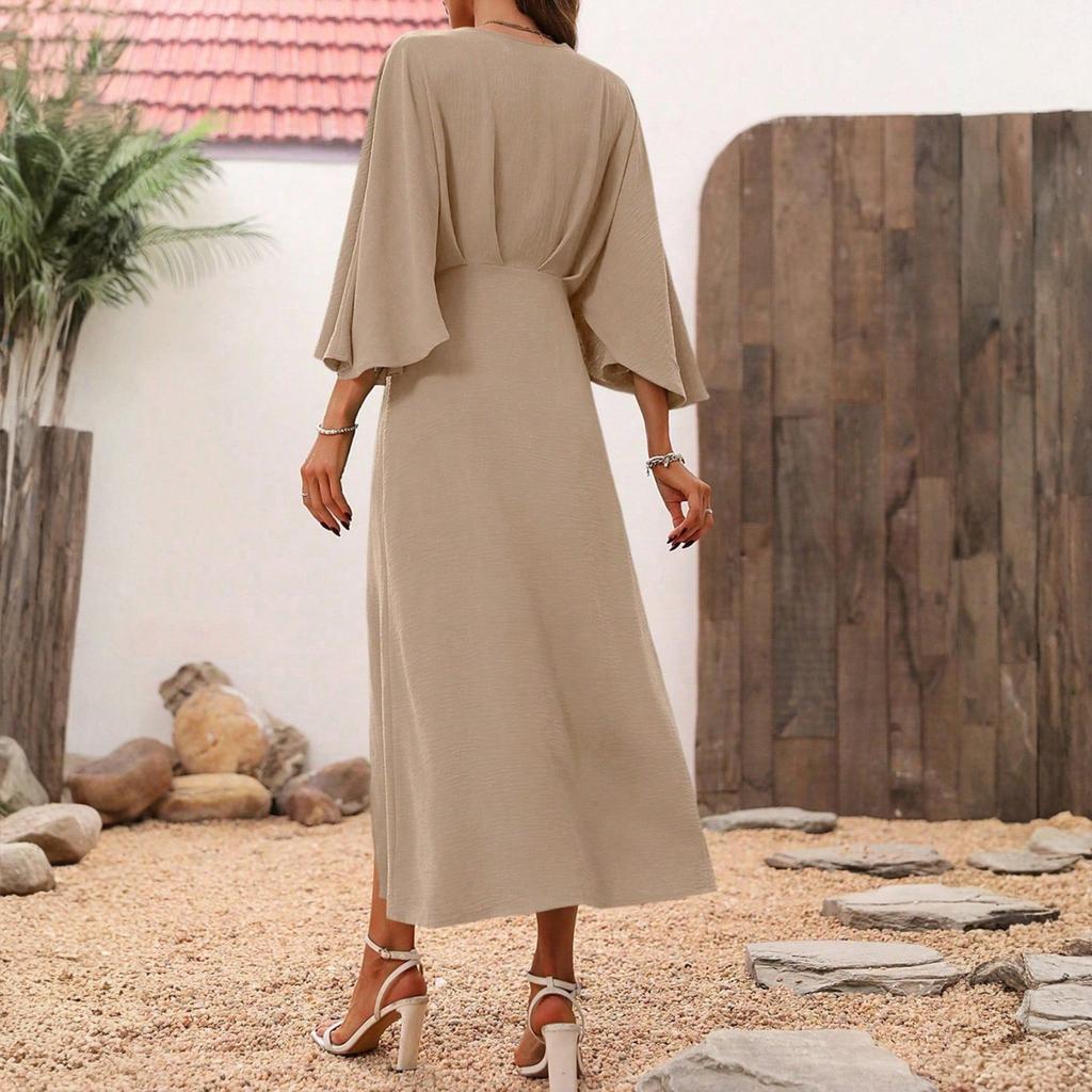 Kadın Bol Rahat Günlük ve Moda Yaz Düz Renk Yırtmaçlı V Yaka Uzun Kollu Elbise