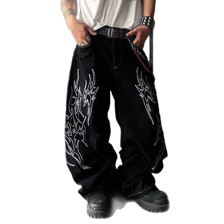 European and American style high street design sense personalized embroidery loose jeans men's trendy brand fashion casual wide-footed jeans