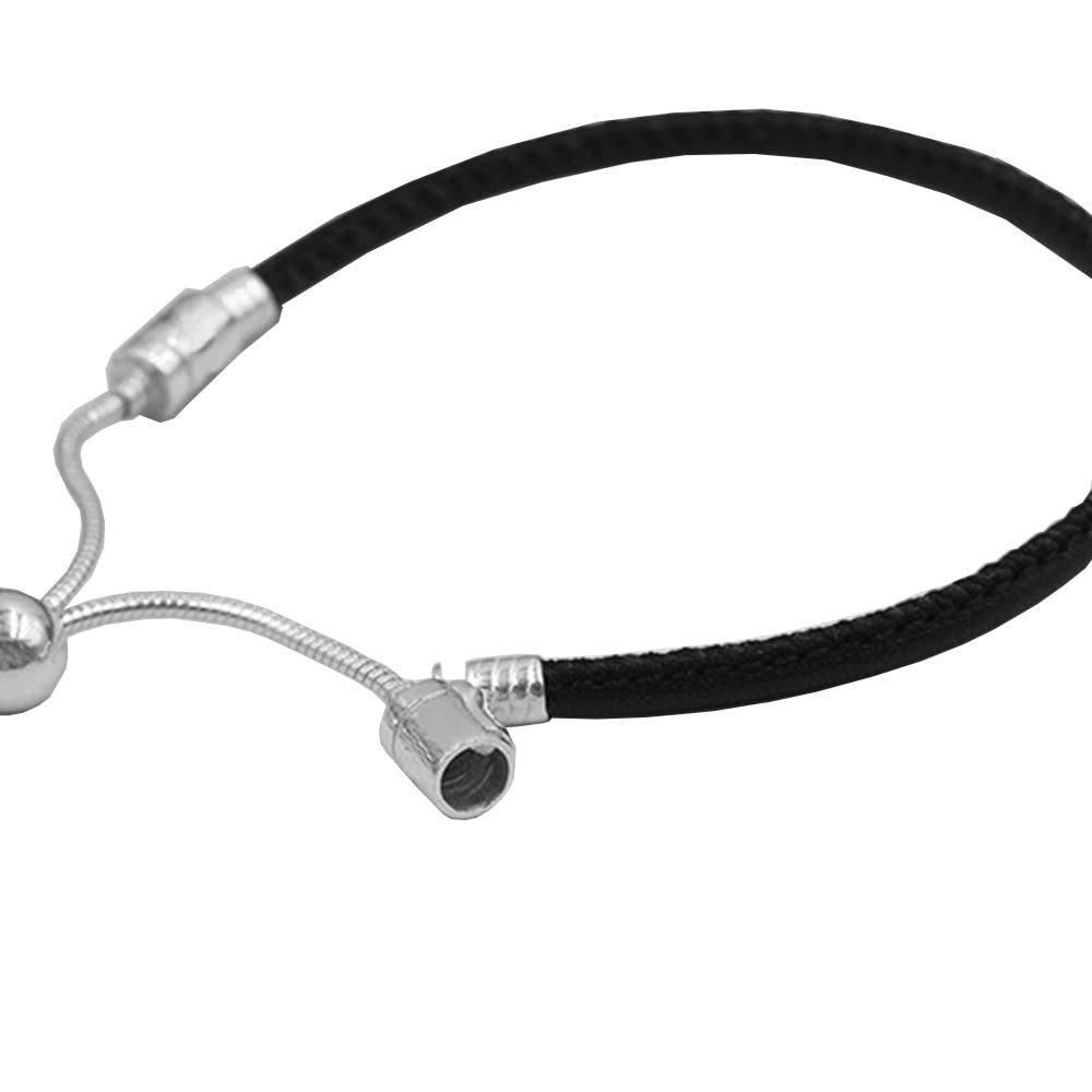 Bracelet Coulissant Moment en Cuir Noir Argent Sterling S925 pour Femmes Cadeau Fête du Nouvel An Bijoux de Mode
