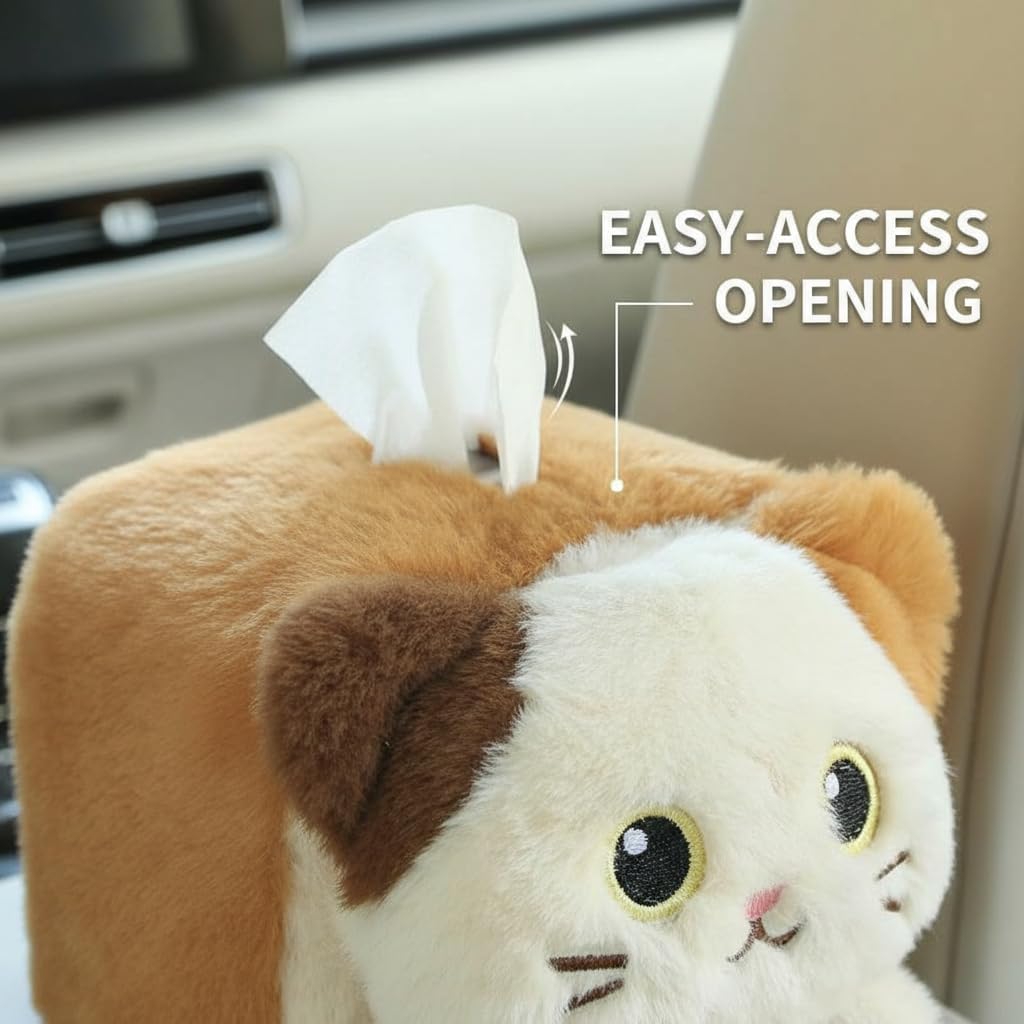 Drivers Cute Plush Animal Car Tissue Box Holder, Vehicle Console Napkin Dispenser, Secure Strap, Easy Refill, Tidy Ride, All-Season