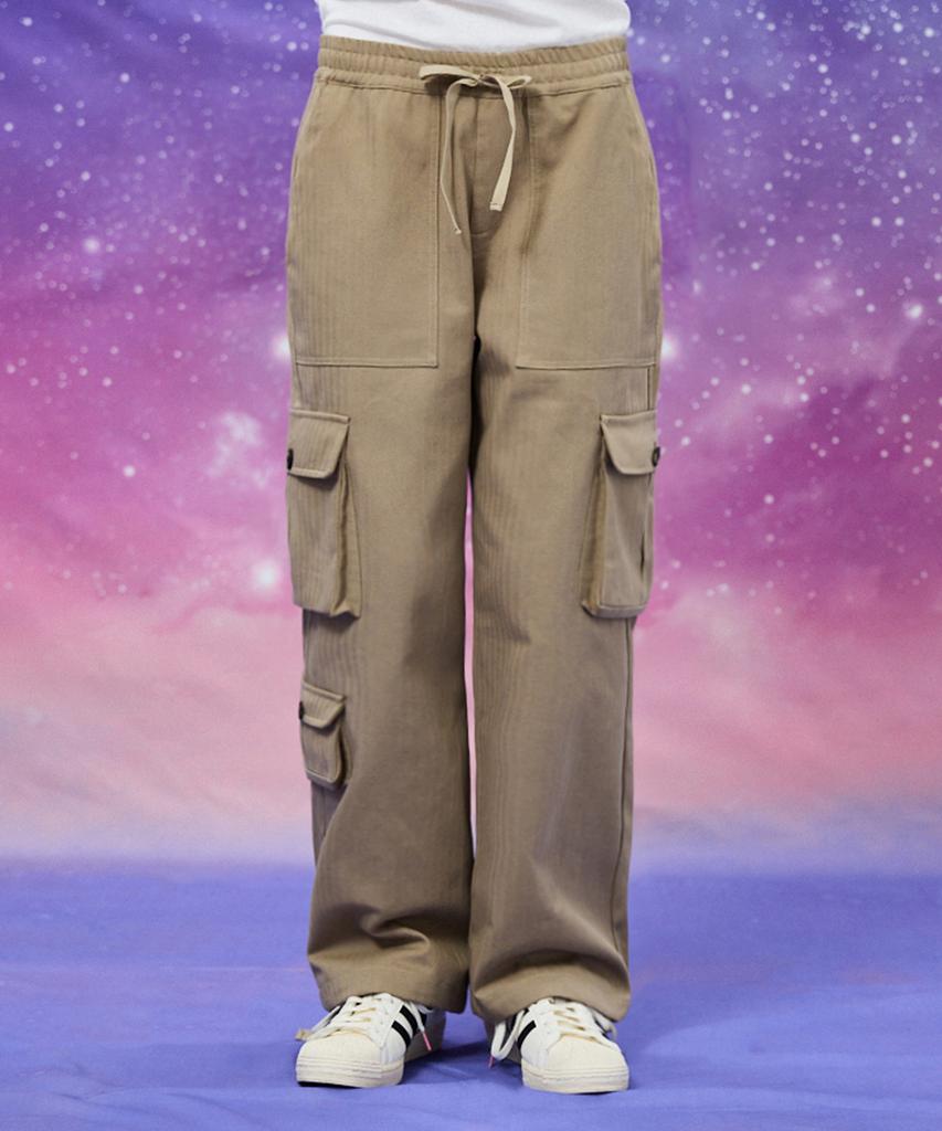 WAIKEI Multi-Pocket Cotton Cargo Elastic Waist Pants Beige