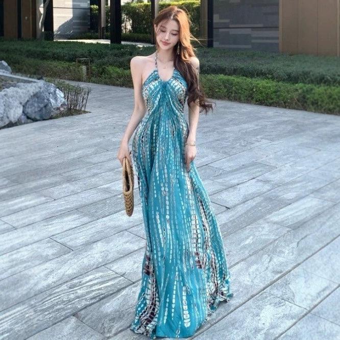 Thai neck sling dress female sexy backless seaside travel vacation photo skirt temperament beach dress