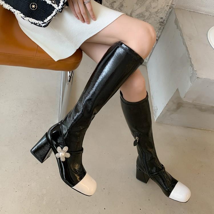 Fahion Spring Autumn Solid Knee High Boots Chunky Platform Med Square Heels Comfy Walking Motorcycle Boots Woman Shoes