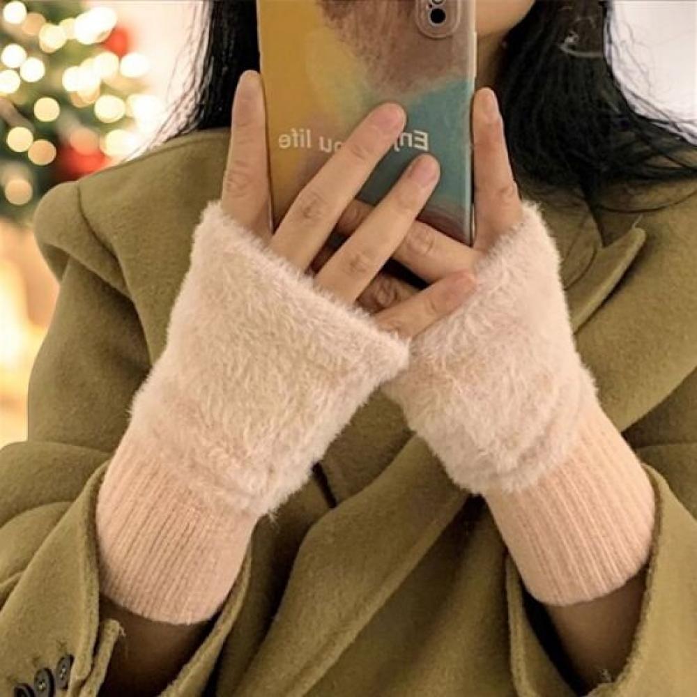 New Arrivals Open Run Knit Fur Trimming Toe Open Layered Gloves Hand Warmer