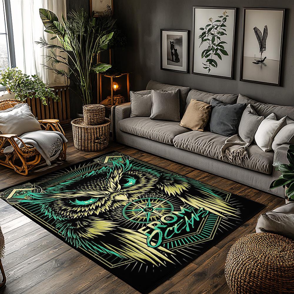 

Owl Compass Pattern Area Rug, Green Yellow Bohemian Carpet, Plush Non-Slip Living Room Mat with Feather Design, Wise Home Decor 50x80cm