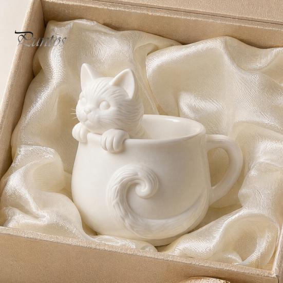 White Cat Teacup Ornament 3D Printed Teacup, Cute Coffee Cup, Figurine Shaped Desk Accessory Mugs, Holiday and Birthday Gift for Milk Tea Lovers
