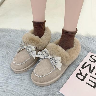 Women's Cotton Shoes Autumn Winter Bow Round Head Warm Flat Bottom Large Women's Shoes Plush Shoes