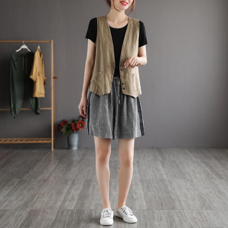 Original Künstlerisch Retro Baumwolle Leinen Einfarbig V-Ausschnitt Weste Damen Sommer Dünn Große Größe Vielseitig Offen Strickjacke Pullover