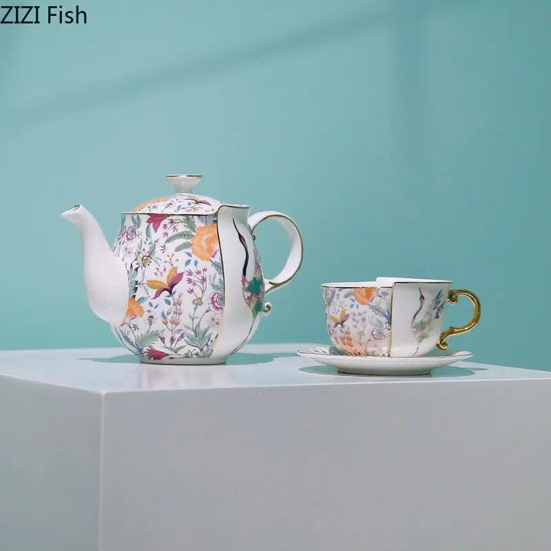Fairy Crane Flower Pattern Ceramic Teapot Set Teacup Saucer Painted Gold-plated Coffee Cup Afternoon Tea Milk Fruit Juice Mugs