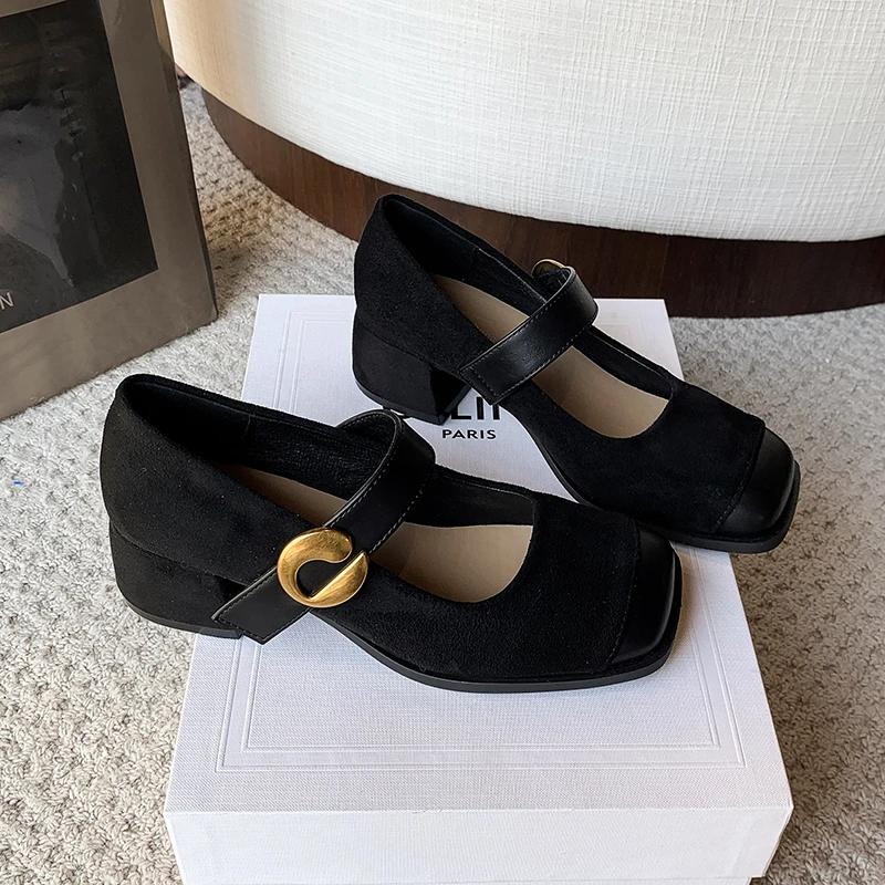 Female Green Velvet New Square Toe College Style Casual Pumps Fashion Shallow Buckle Shoes High Heel Shoes