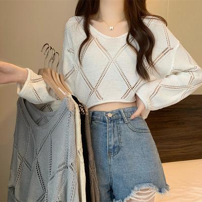 Long Sleeved Sun Resistant Knitted Sweater for Women with a Unique Summer Design, Featuring a Niche Hollowed Out Diamond Grid Casual Top