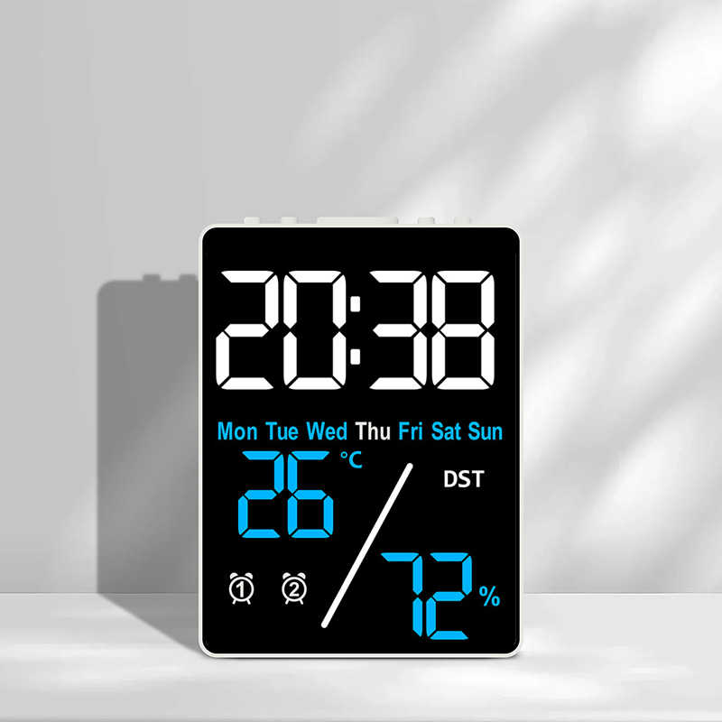Digital Alarm Clock with Date Temp Displayed Dual Alarms LED Clock Indoor Household Temperature and Humidity Meter Desktop Clock