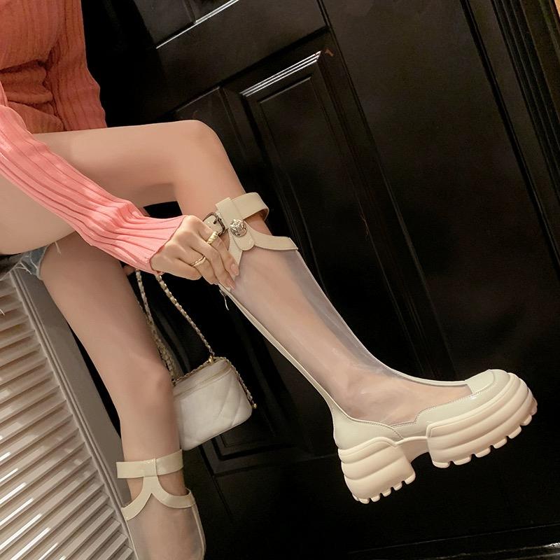 

Fashion Women s Fashion Round Head Patchwork Mesh Metal Buckle Back Zipper Waterproof Platform Non-slip High Heels 40