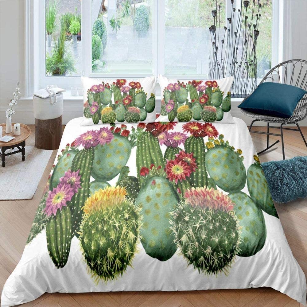 Succulents Bedding Set, Exotic Flower Duvet Cover Twin Size For Kids Boys Girls, Branches Leaf Floral Polyester Comforter Cover