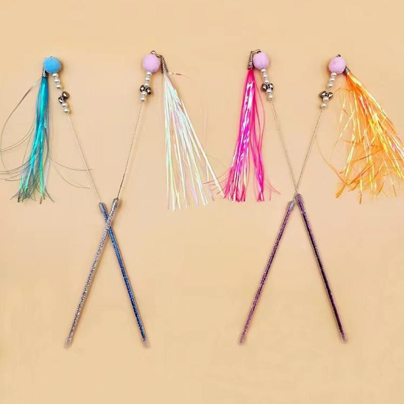 Wire Teasing Cat Stick Long Pole Feather with Bell Fairy Stick Bite Resistant Training Teaser Wand Kitten Toy Pet Supplies