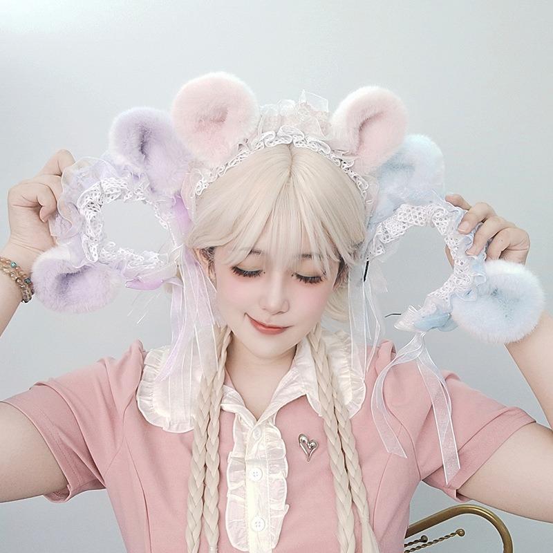 Handgemachte Hamsterohren Tierohren Stirnband Plüsch Niedlicher Hamster Kopfschmuck Lolita Fliegende Maus Stirnband Schwanz Set