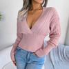 Autumn and Winter V-neck Pullover Sweater Hollow Fashion Elegant Knitted Slim Fit Solid Color Long Sleeve Tops Sexy New Short Top Women's Clothing