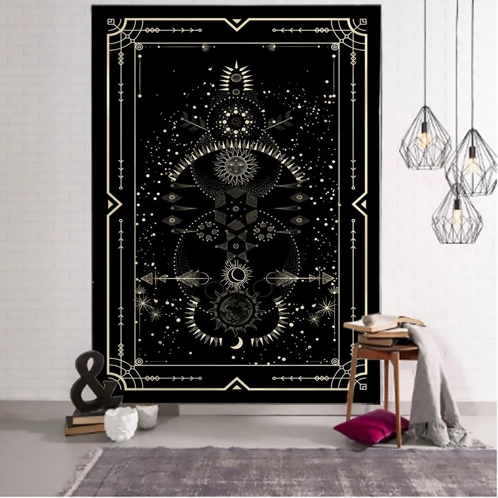 Witchcraft Tarot Tapestry Wall Hanging Black Khaki Sun Moon Starry Universe Geometric Pattern Dormitory Home Decoration Curtains