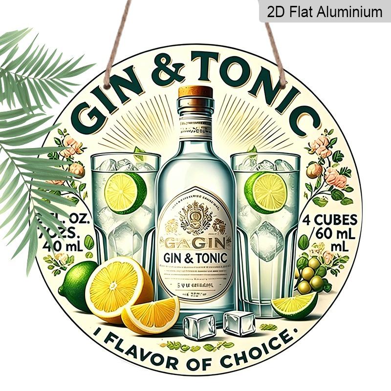 

2D Flat, Vintage-style, High-end Round Aluminum Wall Hanging, Available in Various Sizes. Gin and Tonic Label with Citrus Elements. Suitable for 20*20cm