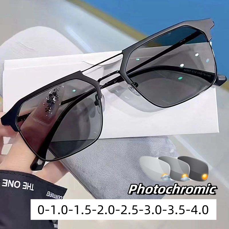 Fashion Dual Beam Color Changing Myopia Glasses Business Near Sight Eyewear for Men Luxury Computer Finished Eyeglasses To -4.0