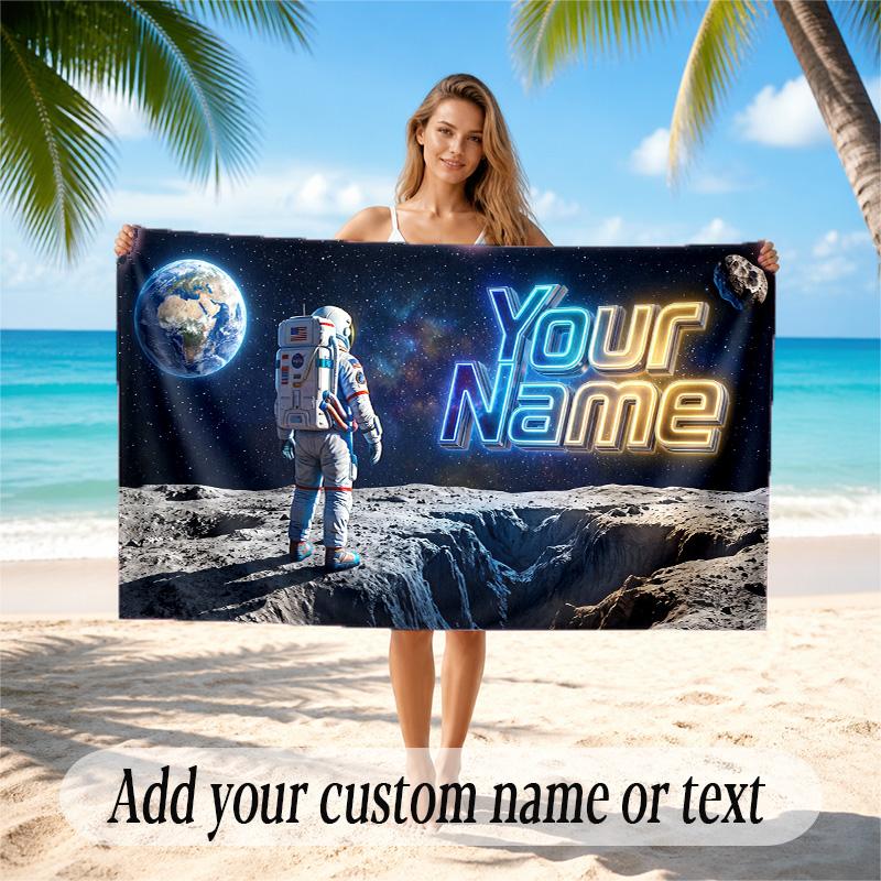 Astronaut Space Theme Quick Dry Beach Towel Custom Name Text Print Large Sand Resistant Towel Beach Vacation