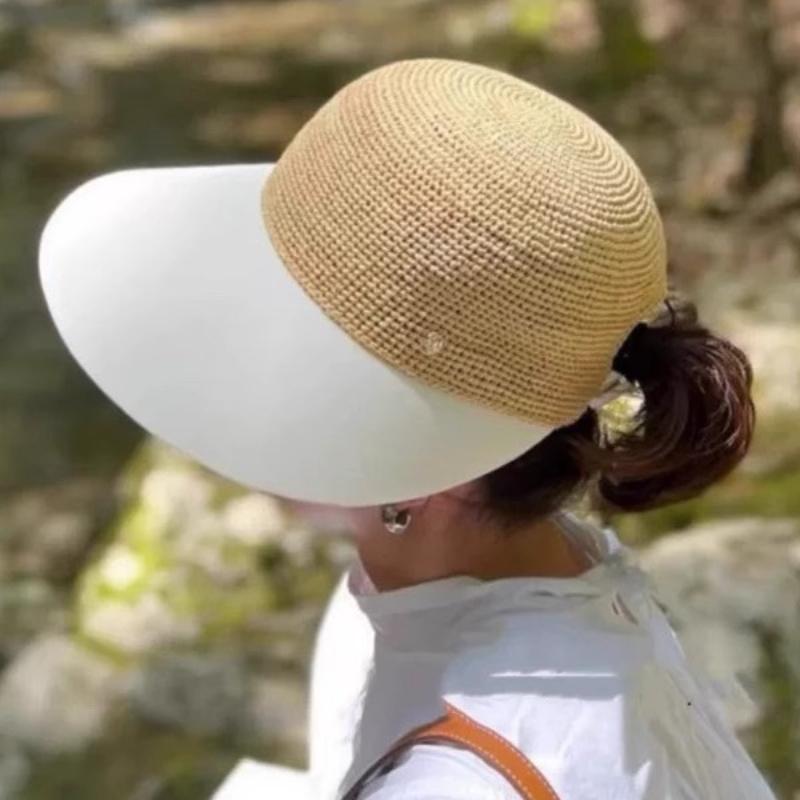 My Extreme Outdoor Activities Women's Black Raffia Straw Patchwork Wide Brim Sun Hat Uv Protection Equestrian Style Visor Cap Summer Ponytail Baseball Hat Cm