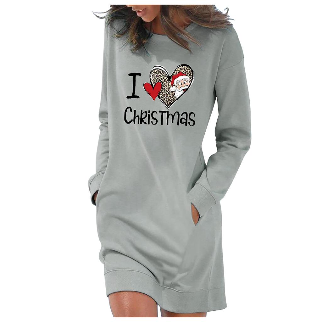 Women's Casual Solid Color Long Sleeve Round Neck Pocket Dress Merry Christmas