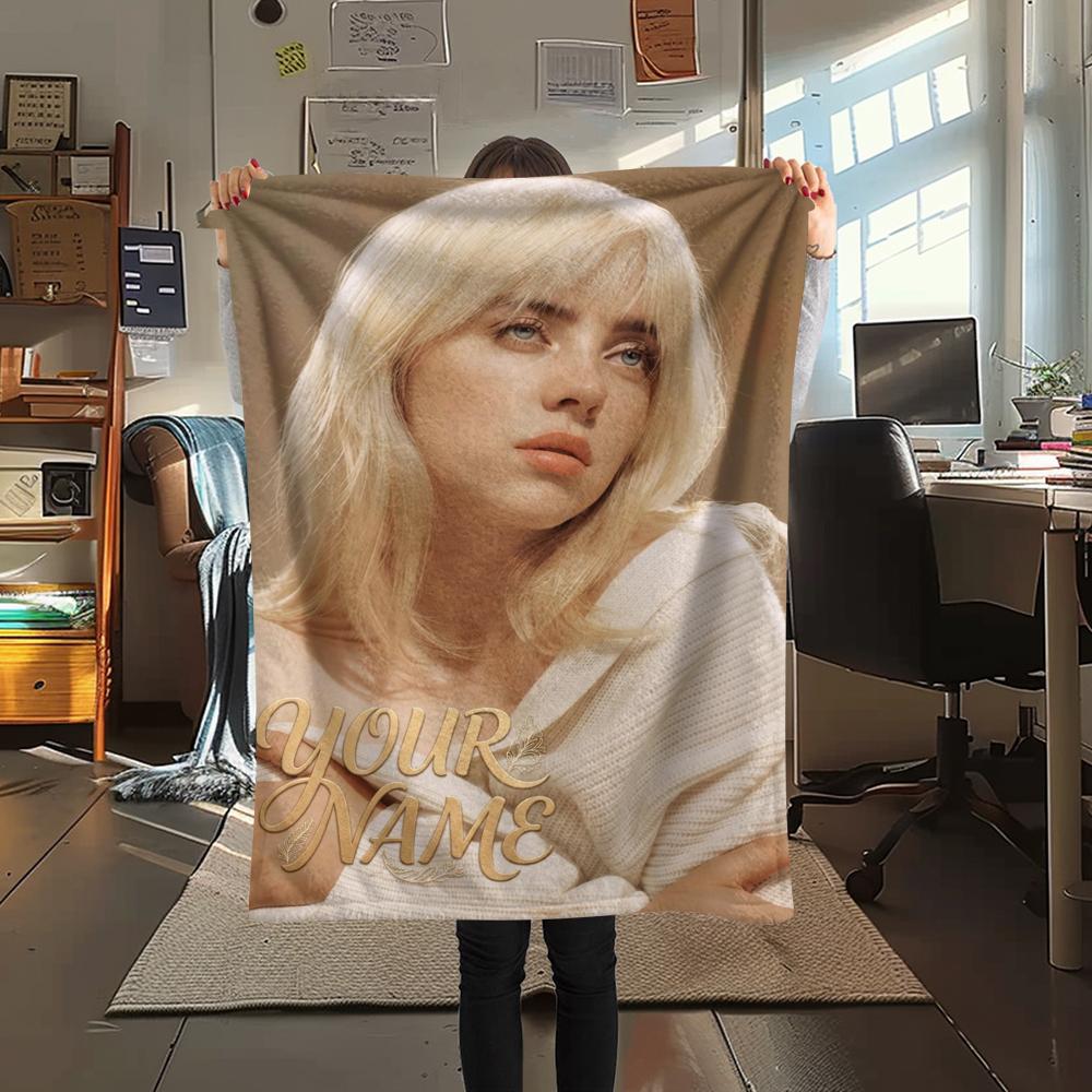 1PC Custom Name Billie Eilish Patterned Flannel Blanket Suitable For All Seasons for Home Decor Warmth and Comfort Gifts Holiday Present_xia
