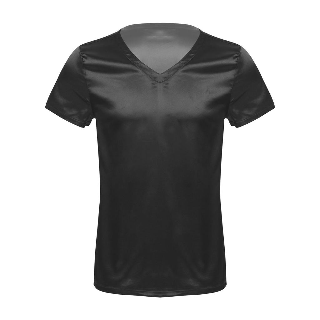 Mens Short Sleeve Loose Sleepwear Satin Pajama T-Shirt Solid Color Loungewear