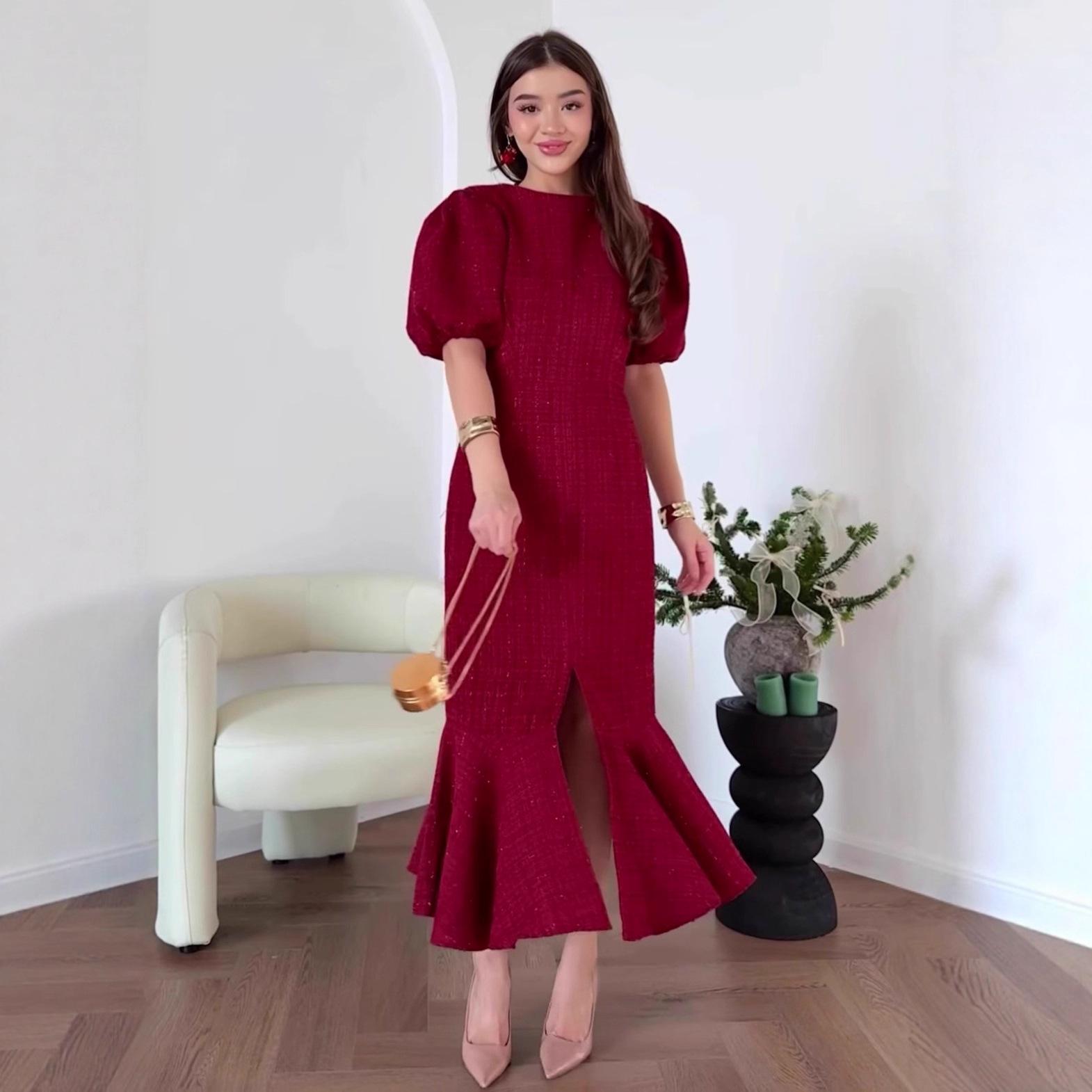 

2025 Elegant Women s Fishtail Dress - Round Neck, Short Sleeve, High Waist, Slim Fit XX-Large вина червоного кольору