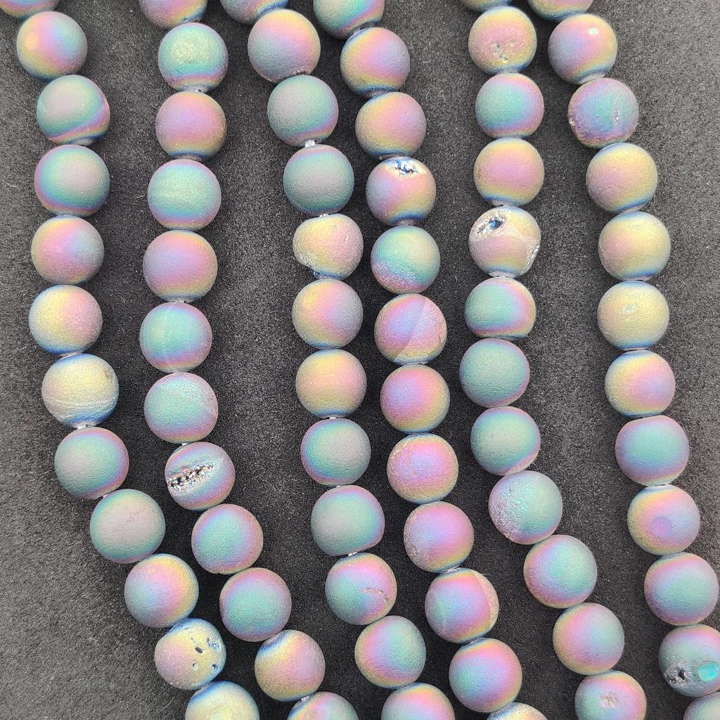 Natural Gemstone Druzy Agate Beads, Multi-Color Smooth Round, Matte Finish, 6mm 8mm 10mm Size Beads, Full Strand 14-15 Inch, Great for Jewelry Making