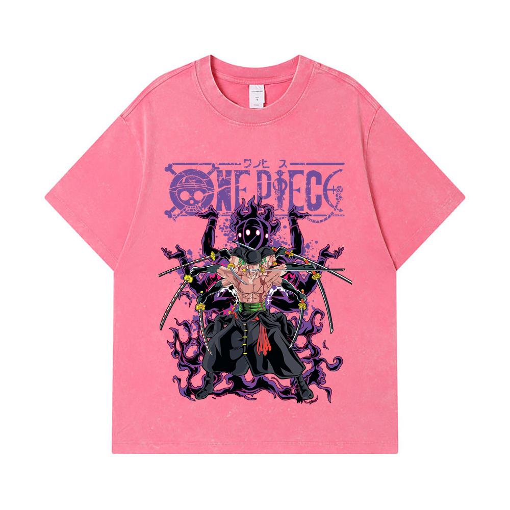 275 GSM Washed T-shirts 100% Cotton One Piece V65 Zoro Print Unisex Heavy Cotton T Shirt