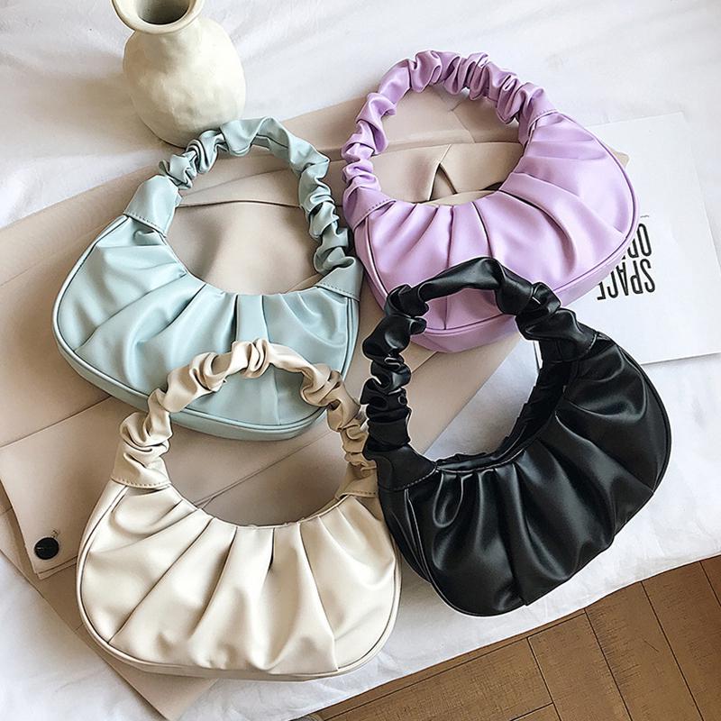 Fashion Pleated Handle Bags For Women Solid Color Cloud Bags PU Leather Shoulder Bags Armpit Bag Leisure Girls Small Tote Casual