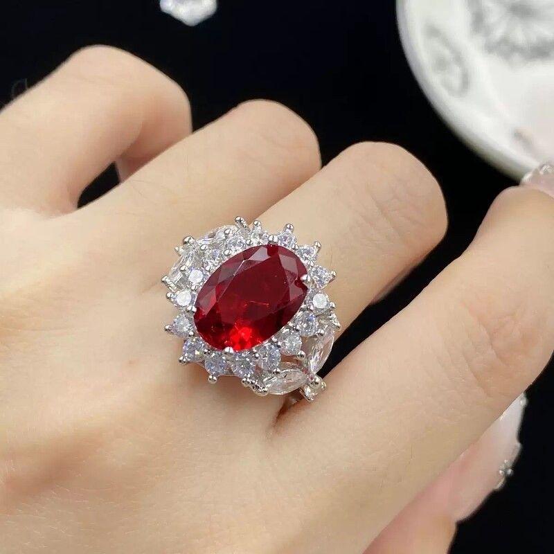 

European and American High end Luxury Simulation Ruby Necklace Earrings Ring Women Colored Gems Zircon Bridal Banquet Formal Dress Set Ring (Opening Adjustable)