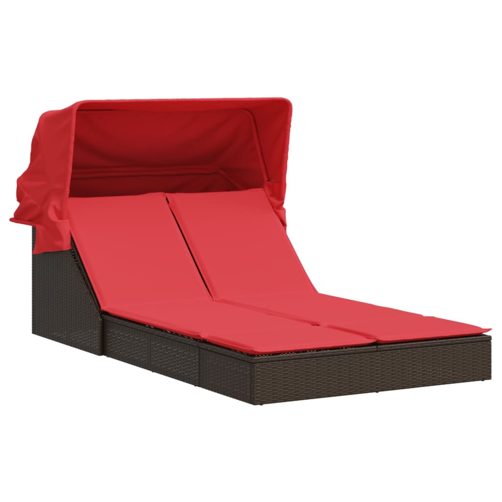 Double Sun Lounger with Canopy and Cushions Brown Poly Rattan