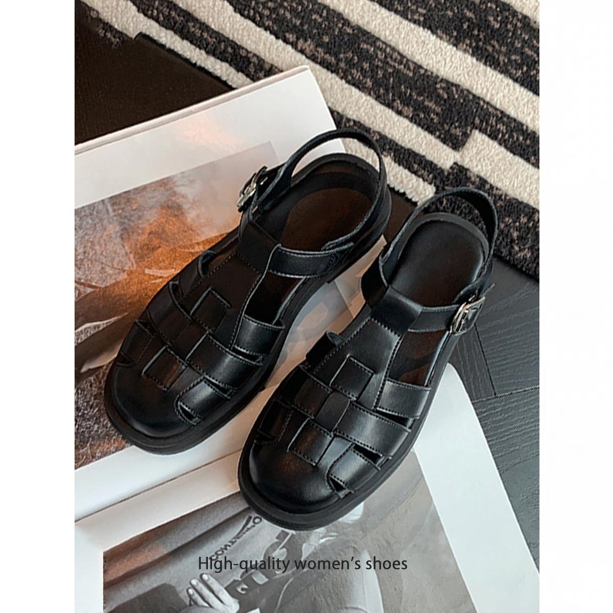 

Ugly hiding artifact~ Casual fashion woven pig cage shoes leather soft-soled bag head thick-soled Roman sandals summer women s shoes 40 чёрный
