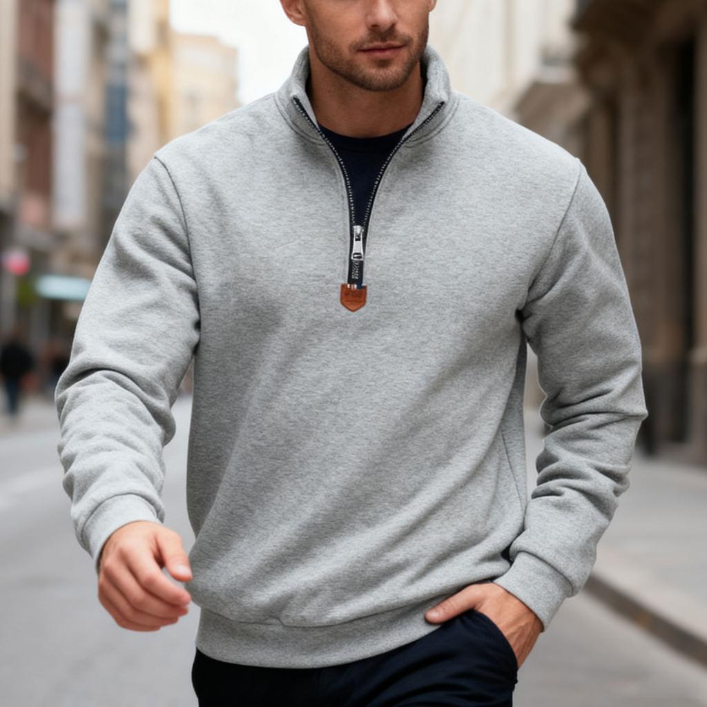 Men's Autumn/Winter Heavyweight Fleece Sweatshirt with Embroidered Logo Design, Half-Zip Stand Collar
