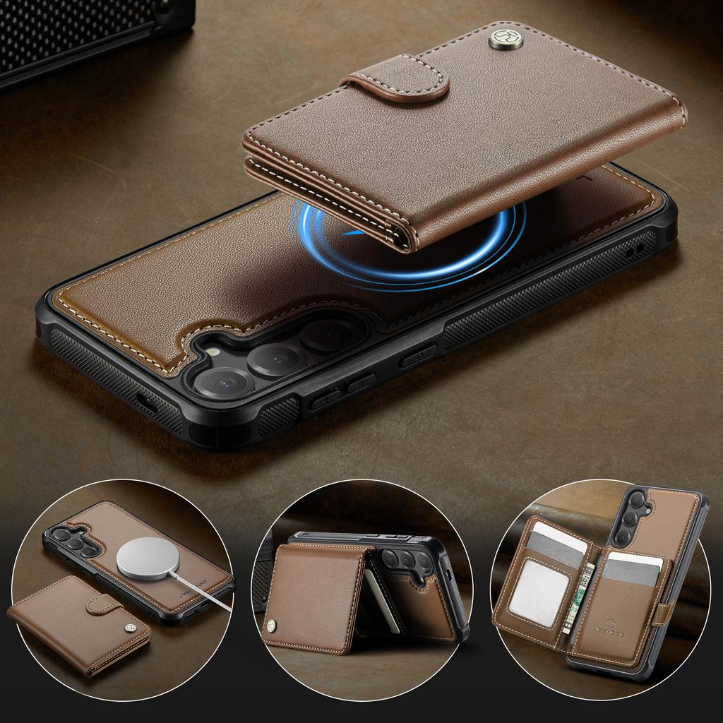 For Samsung Galaxy S26+ Magnetic Case JEEHOOD J09 RFID Blocking Card Holder Leather Back Phone Cover
