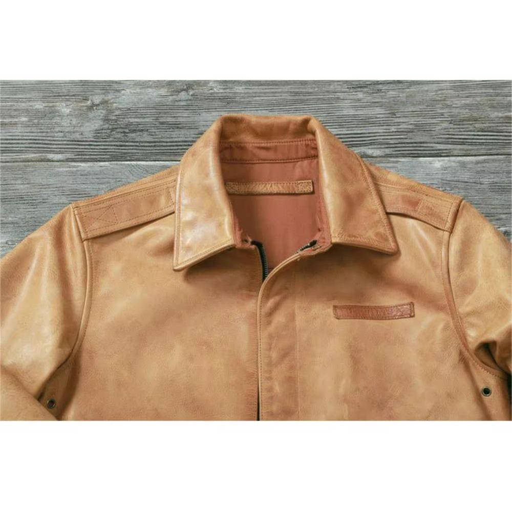 Čínská velikost Klasická letecká bunda A2 Pilotní bunda Vintage Špinavě žlutá Voskovaná hovězí kůže Bunda z pravé kůže Muži Letecké bundy Pánské kabáty