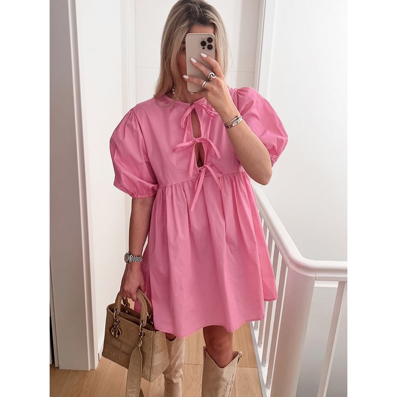 

New Arrival Summer Puff Sleeves Shoelace Russia Dress Sexy Bubble Sleeves Dress Pink L
