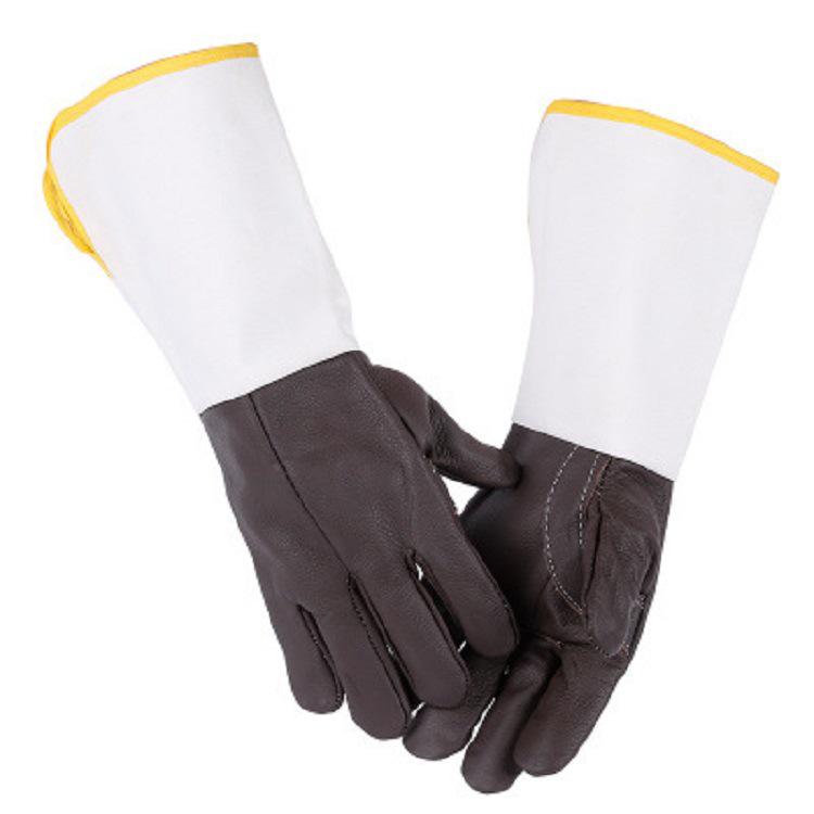 Dark Leather Heat-Resistant Welding Gloves with Scald and Splash Protection, Canvas Sleeve.