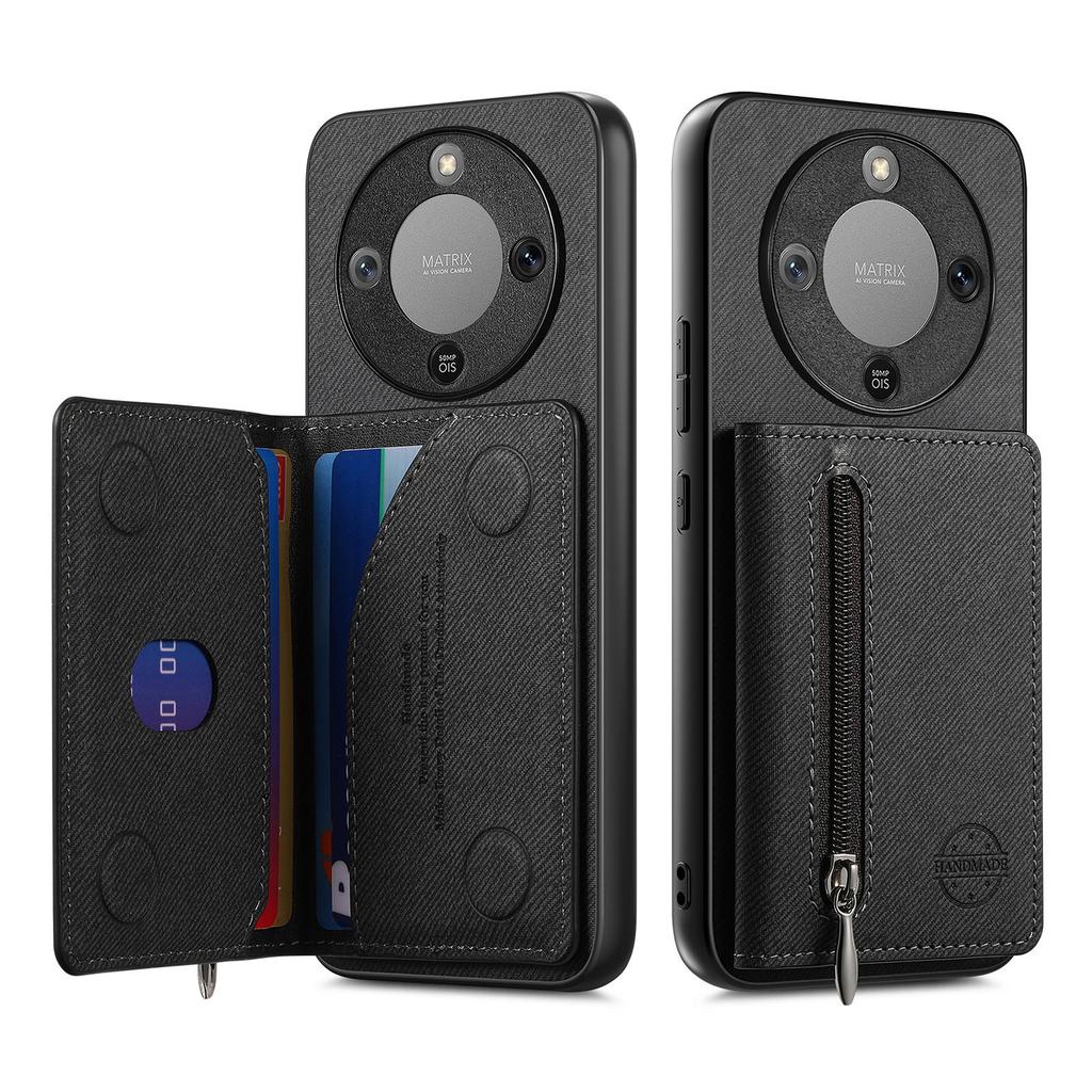 Phone Case For Honor Magic8 Lite 5G / X9d 5G / X70 5G Zipper Card Holder Kickstand Jeans Cloth Texture Leather Back Cover