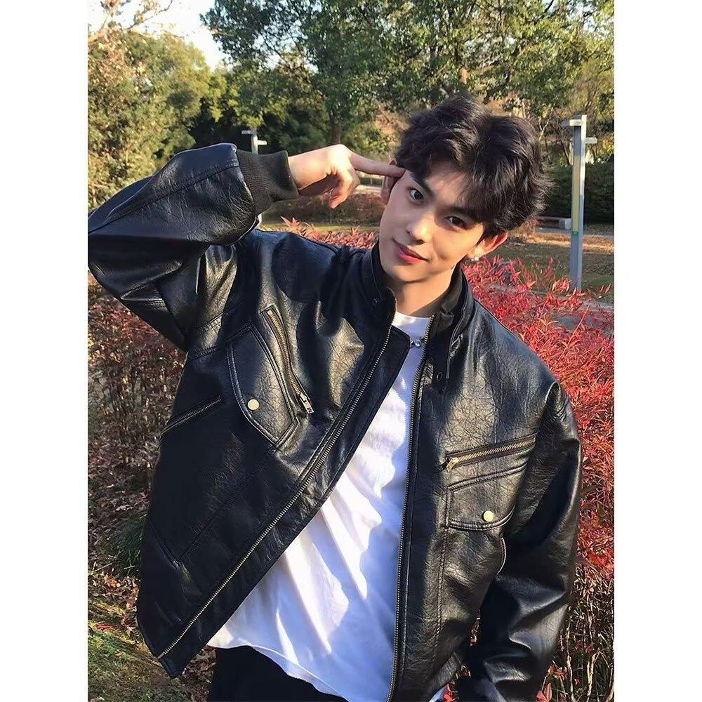 American retro high-end PU leather jacket for men and women, autumn and winter street pilot, locomotive suit, padded jacket tide