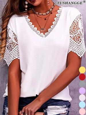 Women's Fashion Lace Patchwork Loose V-Neck Short Sleeve T-Shirt