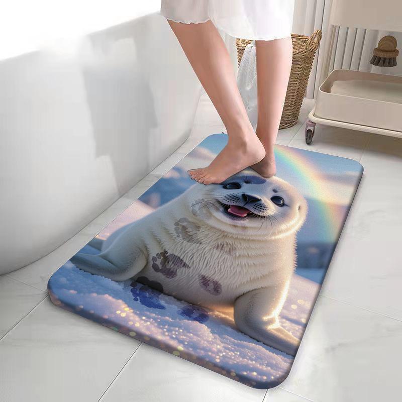 Schattige Babyzeehond met Regenboog Badmat Schattige Arctische Dierenprint Antislip Sneldrogend Vloerkleed 40x60cm